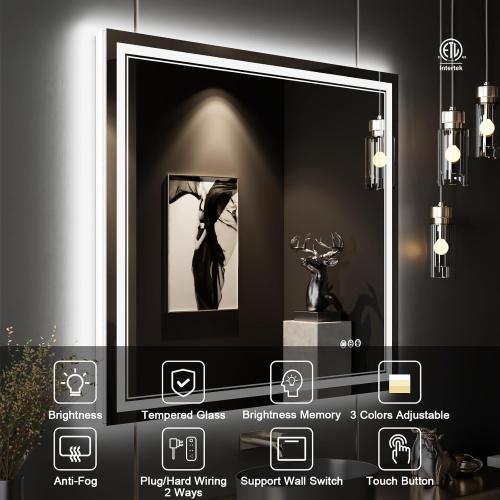 40x36 Inch LED Bathroom Mirror with Lights,Backlit and Front Lighted Bathroom Vanity Mirrors for Wall,Anti-Fog Dimmable Memory Shatterproof LED Vantiy Mirror