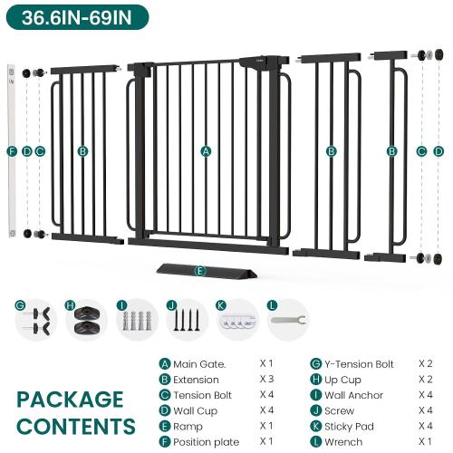 Cumbor Extra Wide Baby Gate, 36.6-69 Walk-Through Dog Gate for Stairs, Doorways & Hallways, 30.5“ Tall, Auto-Close & Dual-Swing Safety Child Gate Indoor, Easy Install Pressure-Mounted Pet Gate, Black