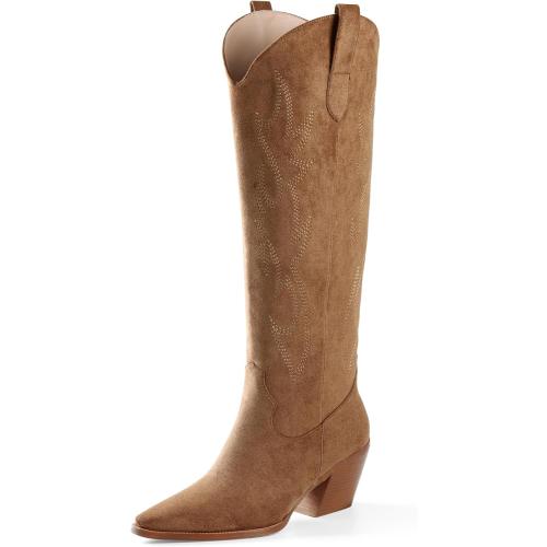 Size 9 iiimmu Cowgirl Boots Women Knee High Boots Pointed Toe and Block Heel Cowboy Suede and Faux Leather Boots with Embroidered