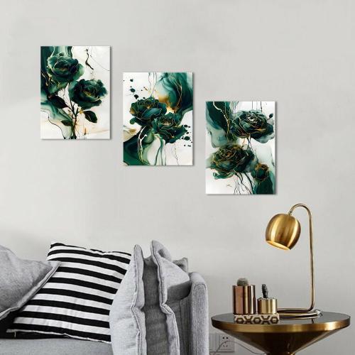 Emerald Green Wall Art for Living Room Green and Gold Marble Wall Decor Abstract Flower Wall Art Modern Botanical Canvas Prints Paintings for Bedroom Office Home Decorations 12x16 3Pcs