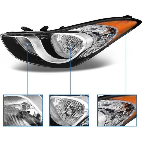 Chrome Headlights Headlamps Assembly w/Bulbs Compatible with 2011-2013 Hyundai Elantra US Built 92101-3Y000, 92102-3Y000 Direct Replacement