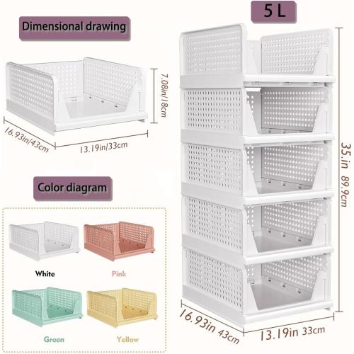 5 Pack Folding Closet Organizers Storage Box, Stackable Storage Bins, Plastic Drawer Basket Closet Storage for Wardrobe Cupboard Kitchen Bathroom Office 5L (White)