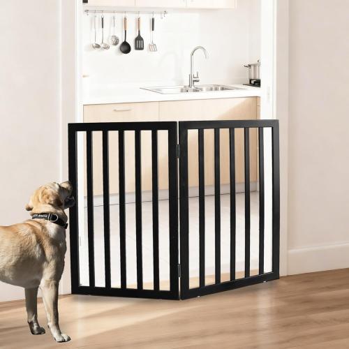 ZJSF Freestanding Indoor Dog Gate for House Foldable Wood Black Puppy Gate for Doorways Pet Gate for Stairs Extra Wide Pet Fence 32 Height 2 Panels