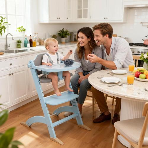 Cowiewie New Upgrade 3-in-1 Convertible Wooden High Chair for Babies & Toddlers 10 Levels Adjustable 3-Tier Remove 2 Waterproof Cozy Cushions Blue