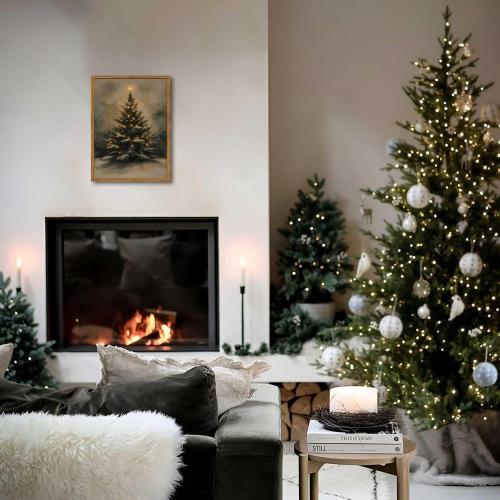 Vintage Christmas Wall Art Natural Christmas Tree Wall Decor Paintings Winter Landscape Pine Tree Poster Canvas Prints for Farmhouse Mantel Bedroom Living Room 12x16 inch Wood Framed