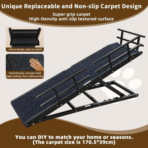 Dog Ramp for Bed - 65 Length, Supports up to 32 Height,Includes Non-Slip Replaceable Carpet, Safety Rails & Landing Platform,Adjustable & Foldable Pet Ramp for Large/Senior Dogs to Get on Bed-Black