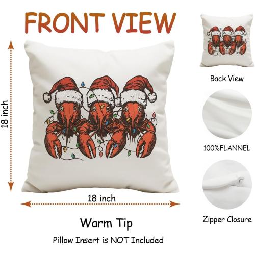 Christmas Beach Lobster Pillow Covers 18x18, Lobster Lover Gifts, Coastal Christmas Santa Hat Crawfish Decorative Throw Pillow Covers for Couch Sofa Bedroom Living Room Home