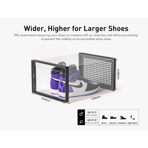 Kuject X-Large Shoe Storage Boxes Organizers Clear Plastic Stackable 12 Pack, Shoe Rack & Holder Substitute, Sneaker Containers, Toy Storage Organizer Bins for Entryway, Closet, Under Bed, Black