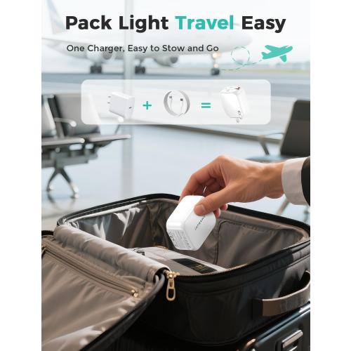 2-in-1 Retractable Wall Charger Plug with USB C Port and 27in/70cm Type C Cable,Travel Essentials 30W Fast Charging Foldable Block for iPhone 17/16/15,iPad,Galaxy,Pixel-White