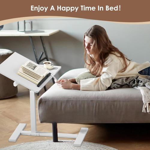 Height Adjustable C-Shaped Table with Removable Wheels, Mobile Sofa Snack Table with Tiltable Top, Adjustable Laptop Stand for Couch, Bedside Desk with Pen Slot, White