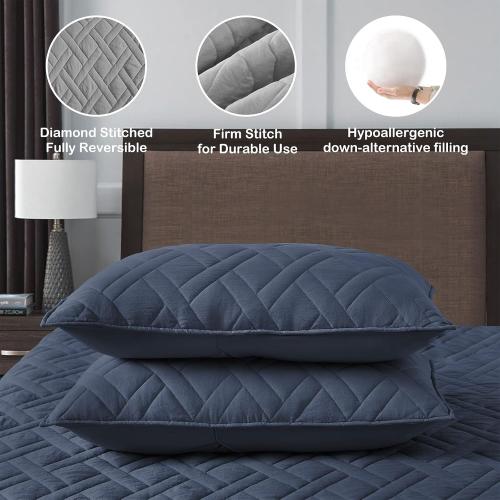 Set Queen Size Navy Blue, Classic Geometric Diamond Stitched Pattern, Ultra Soft  2 Pillow Shams