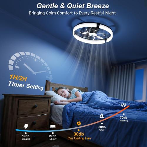 20 Ceiling Fans with Lights and Remote, 3000K-6500K Dimmable Flush Mount, 6 Speed Quiet Reversible Motor, APP & Remote Control, Low Profile Fandelier for Bedroom, Kitchen, Living Room