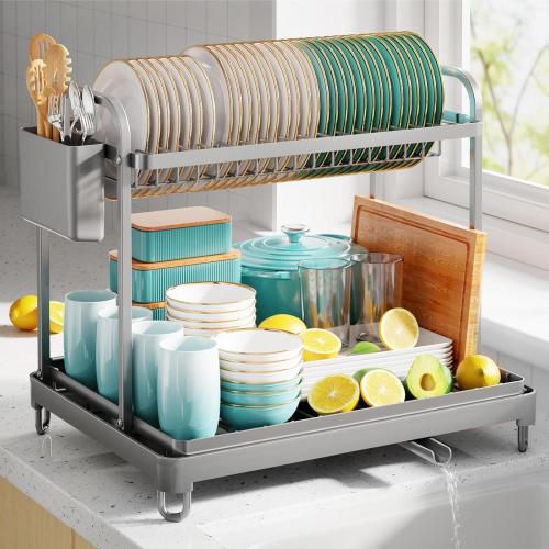 2-Tier Dish Drying Rack - Stainless Steel Dish Rack with Cutlery & Utensil Holders for Kitchen Counter, Sink Organization and Storage for Small Family, 16.7 W x 12.7 L x 15.8 H,**** Gray****