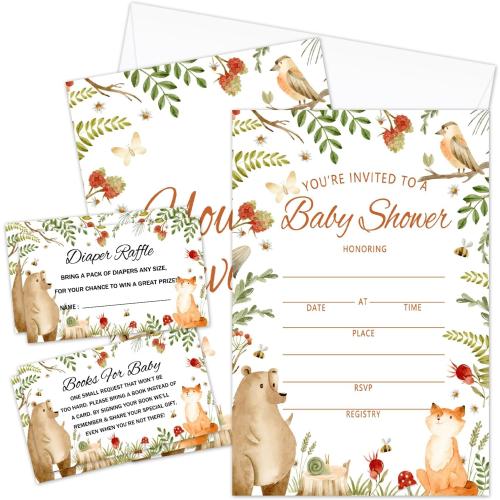 Woodland Baby Shower Invitations Kit with Envelopes, 25 Set Baby Shower Invites & 25 Diaper Raffle Tickets & 25 Baby Shower Book Request Cards, Baby Shower Celebration Supplies & Favors -06
