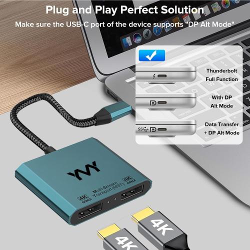 USB C to Dual DisplayPort Adapter, YMY Dual Monitor Connector 4K 60Hz, Type C to DP Screen Splitter for 2 Monitors Compatible with MacBook Pro/Air, Pad, Surface, Dell, Galaxy, Chromebook