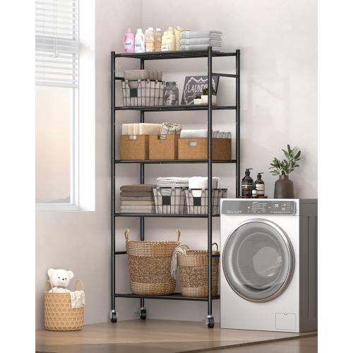 Sakugi Storage Shelves Organizer - 5 Tier Metal Shelf Organizer with Metal Wheels and Adjustable Leveling Feet, Heavy Duty Garage Shelving for Kitchen, Pantry and Closet, 33.1x12.6x73.5, Black