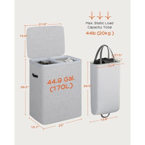 CASAMAYA Laundry Basket with Lid, Laundry Hamper 2 Section, 170L collapsible Laundry Organizer, Easy Assembly, with Handles and Removable Liners, 22 x 15.7 x 29.5 Inches, Gray JSP903G
