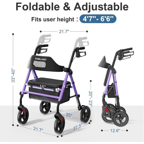 HOMLAND Foldable Rollator Walker with Seat for Seniors, 16 Enlarged Seat | 8 Big Wheels, 16×12x1.9 Thick Padded Seat, Adjustable Seat & Handle Height, Tool-Free Assembly, All Terrain Mobility Aid