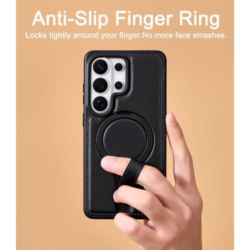 for Samsung Galaxy S25 Ultra Case Leather with Stand, Anti-Slip Grip Ring, Fits for MagSafe (Black, S25 Ultra)