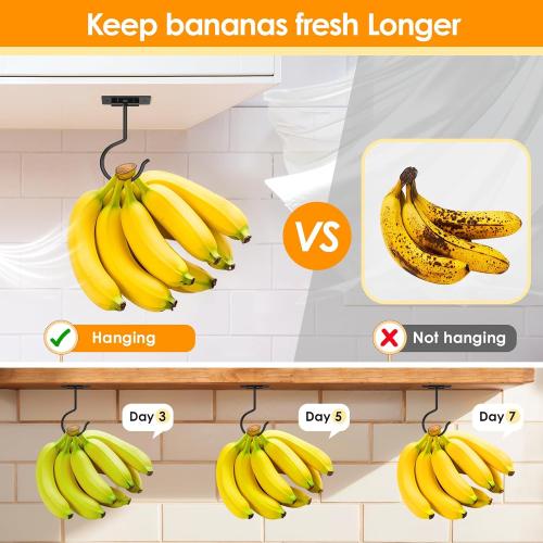 Self Adhesive Banana Hook Under Cabinet Foldable Banana Hanger | Black Metal Under Counter Banana Hook Holder to Keep Bananas Fresh Banana Holder for Kitchen RV Space Saving