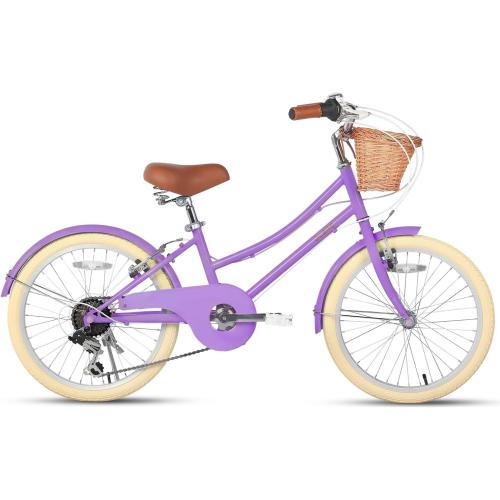 Color purple Glerc 20 24 26 Inch Beach Cruiser Bike, 6-Speed Hybrid City Bicycle for Girls Youth and Over 6 Years Old, Missy Bike with Wicker Basket & Lightweight, Multiple Colors
