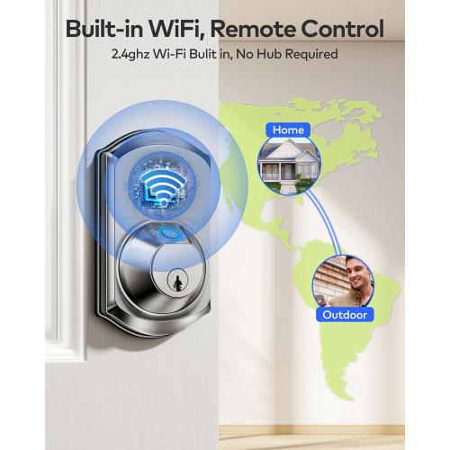TEEHO TE012W WiFi Smart Lock, Fingerprint Door Lock with Built-in Wi-Fi, Keyless Entry Keypad Smart Deadbolt, App Remote Control, Alexa Compatible, IP55 Waterproof for Front Door – Satin Nickel