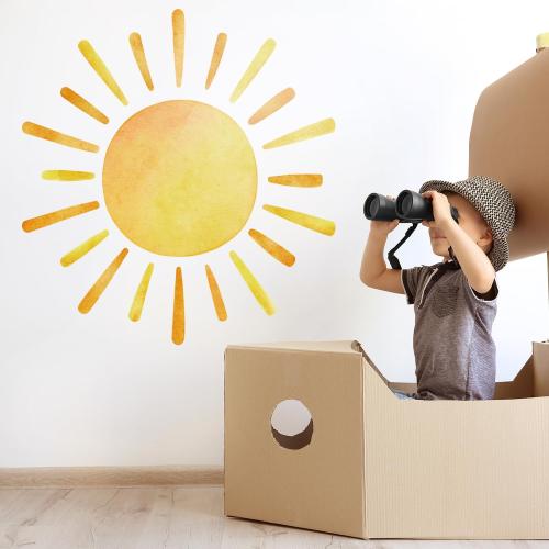 41.7” X 39.8” Watercolor Boho Sun Wall Decals Peel and Stick, PVC Sunrise Wall Stickers, Yellow Sunshine Wall Art Decor for Kids Room Playroom Nursery Bedroom