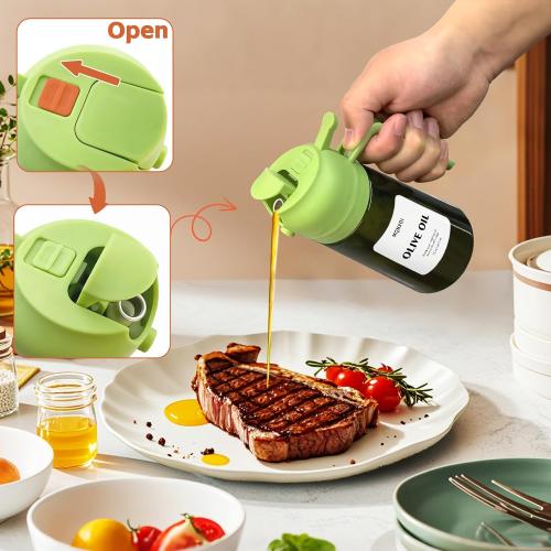 Oil Sprayer for Cooking, 2 in 1 Olive Oil Dispenser Bottle for Kitchen, 16oz/470ml Premium Glass, Food-grade Oil Mister for Air Fryer, Salad, Frying, BBQ (Black   Dark Green Bottle)