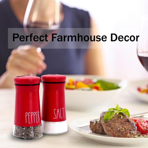 Red Salt and Pepper Shakers with Adjustable Pour Holes, Refillable Salt Shaker by Aelga, Ideal for Himalayan, Kosher, Black and White Pepper, Red Kitchen Accessories