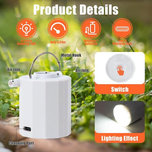 Black Portable Air Pump for Inflatables - 4.5Kpa Mini Powerful Air Mattress Pumps with Camping Light & Nozzles, Rechargeable Inflator Deflator Machine for Pool Float Sleeping Pad Vacuum Storage Bags