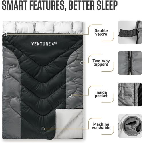VENTURE 4TH Backpacking Sleeping Bag – XXL, Double and Single Sizes - Lightweight Warm & Cold Weather Sleeping Bags for Adults, Kids & Couples – Ideal for Hiking, Camping & Outdoor Adventures
