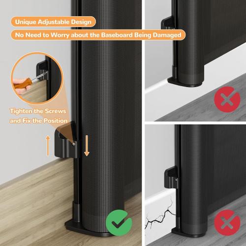 Retractable Baby Gate for Stairs - 34 Tall Extends to 55 Wide Mesh Baby Gate with Anti-Crawling Hook, Adjustable Baseboard Bracket, Pet Gate for Doorways, Hallways, Indoor, Black