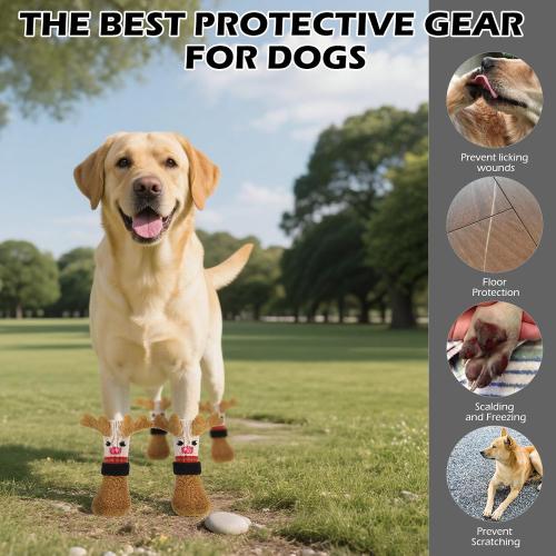 EXPAWLORER Christmas Anti Slip Dog Socks to Prevent Licking Paws, Boots & Paw Protectors with Grippers,Doggie Booties for Hardwood Floors for Large Senior Dogs Lifelike Costume Reindeer large