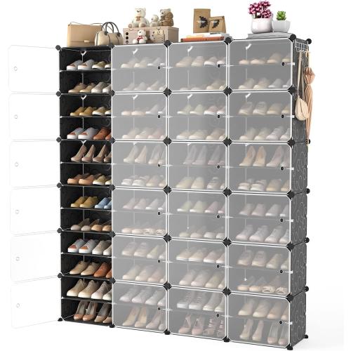 Portable Shoe Rack Organizer with Door, 96 Pairs Shoe Storage Cabinet Easy Assembly, Plastic Adjustable Shoe Storage Organizer Stackable Detachable Free Standing DIY Expandable 12 Tier Black