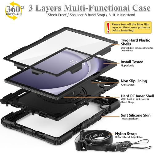SEYMAC stock Case for Samsung Galaxy Tab A11/ A9 8.7'' (Not for A11 Plus11''), Full-Body Drop Protection Case with Screen Protector Pencil Holder [360° Rotating Hand Strap] &Stand, Black