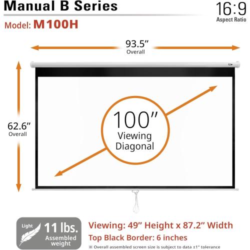 Elite Screens Manual B, 100-INCH Manual Pull Down Projector Screen Diagonal 16:9 Diag 4K 8K 3D Ultra HDR HD Ready Home Theater Movie Office Presentation, M100H