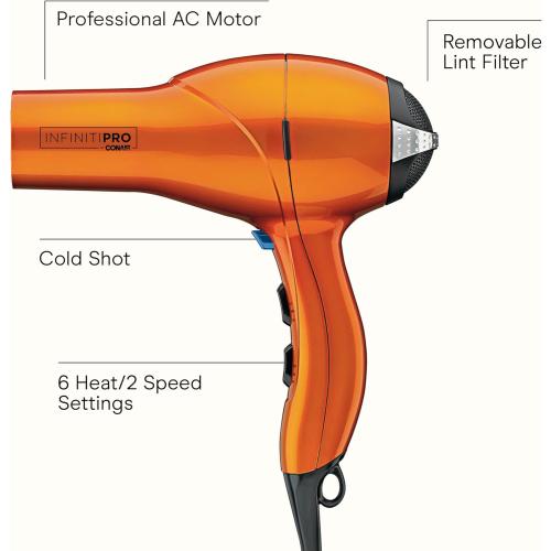 Infiniti PRO CONAIR Hair Dryer with Diffuser, Professional AC Motor, Tourmaline Ceramic Technology Blow Dryer, Includes Concentrator Amazon Exclusive, Orange
