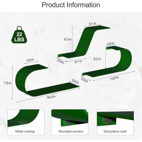 Green Floating Shelves Set of 3, Green Metal Decor, Unique Mounted Floating Shelf, Modern Long Wall Shelf, Large Wall Shelves for Bedroom, Bathroom, Living Room