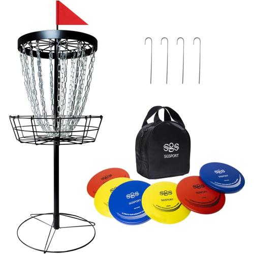 Disc Golf Basket with Discs | Portable Disc Golf Target with Heavy Duty 24-Chains Disc Golf Course Basket, Come with 6pcs Disc Golf Discs with Carry Bag