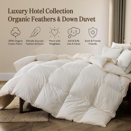 BPC Lightweight Organic Feather Down Comforter King Size, Hotel Luxury Duvet Insert with 100% Cotton Cover and Puffy Feather Down Filling, for Summer/Hot Sleepers, Ivory White, 106x90 Inches