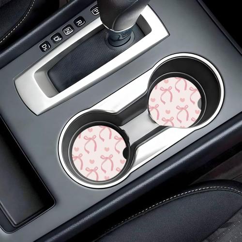 Pink Bow Love Heart Car Cup Holder Coaster 2 Pack Absorbent Ceramic Car Coasters for Cup Holders Car Accessories Interior for Women Men Universal Anti Slip Cork Base Cup Coasters with Finger Notch