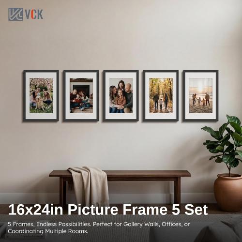 VCK 16x24 Picture Frame Black - 5 Pack, with Wood Grain Finish & Plexiglass, Displays 12x18 Photo with Mat or 16 x 24 Without, for Horizontal/Vertical Wall Hanging in Home, Office, or Gallery