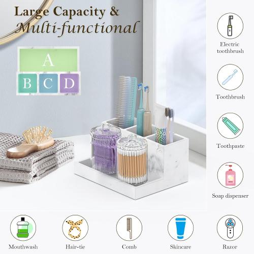 Toothbrush Holder for Bathroom with 2PCS Qtip Holder Dispenser, 3 Slot Bathroom Accessories Holder Floss Cotton Swab Holder Bathroom Vanity Tray for Perfume Comestic Organizer Counter Storage, White
