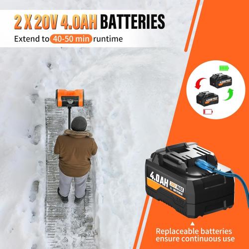 Snow Shovel Cordless, 20V | 10 Inch Electric Snow Blower with 2 X 4.0Ah Replaceable Batteries & Charger Up to 50 Mins, Battery Operated Snow Blower with Adjustable Front Handle, Lightweight