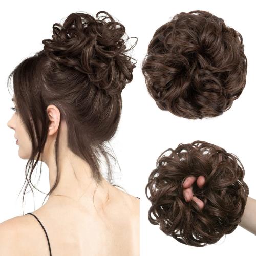 CJL HAIR Large Messy Bun Hair Piece Wavy Curly Scrunchies Synthetic Chignon Ponytail Hair Extensions Thick Updo Hairpieces for Women Ginger Brown