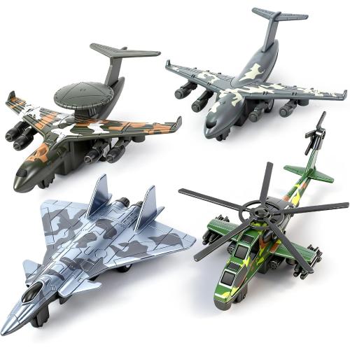 4 Pack Diecast Airplane Toys, Alloy Army Aircraft Plane Model Toys Camouflage Military Fighter Jet Helicopter Toy Pull Back Kids Play Vehicles for 3 4 5 6 7-9 Years Old Boys Girls Gift