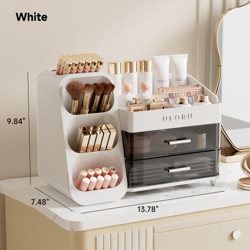 Color White Makeup Organizer for Vanity with Brush Holder, Countertop Organizer with 2 Drawers, Spacious Cosmetic Display Case for Beauty Essential, Skincare, Lipstick