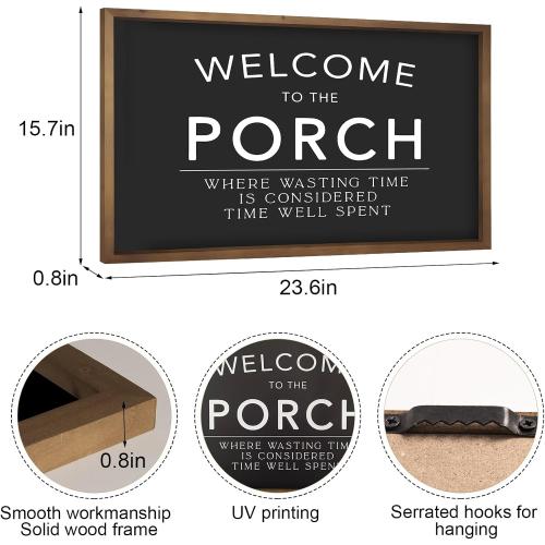 23.6x15.7 Welcome to Our Porch Sign | Wooden Large Front Back Porch Wall Decor, Outdoor Patio Hanging Art, Black and White Farmhouse Decoration for Home