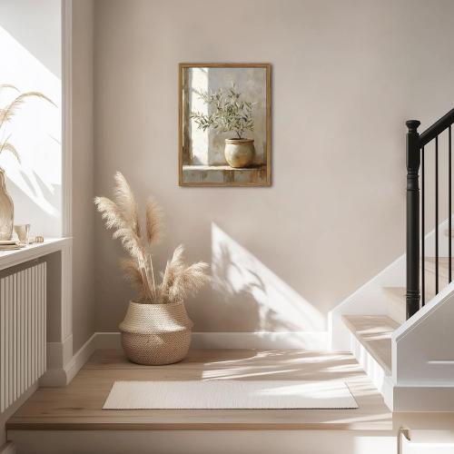 Framed Vintage Olive Tree Wall Art, Textured Sandstone Botanical Pictures Wall Decor, Rustic Neutral Potted Plant Paintings Prints Aesthetic Farmhouse Home Decor for Living Room Bedroom 16x24 inch