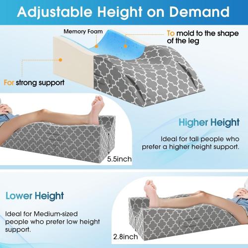 CloudBliss Leg Elevation Pillow for After Surgery, Adjustable Height Memory Foam Wedge Pillow with Cooling Ice Silk Cover, Ergonomic Leg Support for Knee, Comfort Care for Blood Circulation, Grey